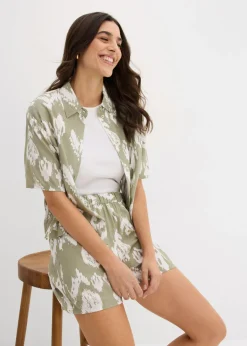 bonprix bonprix Pantalón corto de viscosa con cinturilla cómoda verde alga-blanco lana Best
