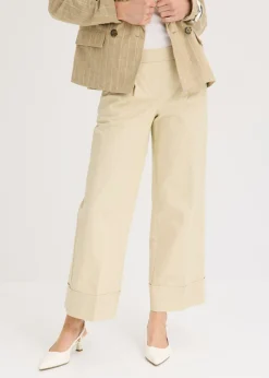 bonprix bonprix Pantalón de algodón elástico con pinzas Arena claro Clearance