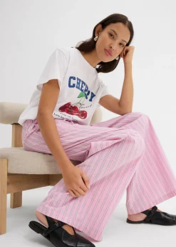 bonprix bonprix Pantalón de algodón puro rosa/blanco con rayas Sale
