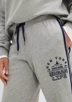 bonprix bonprix Pantalón de chándal de mezcla de algodón suave Gris claro jaspeado/azul marino estampado