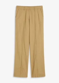bonprix bonprix Pantalón de lino con talle alto y pinzas Marrón caqui Clearance