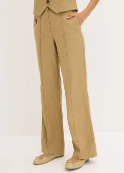 bonprix bonprix Pantalón de lino con talle alto y pinzas Marrón caqui Clearance