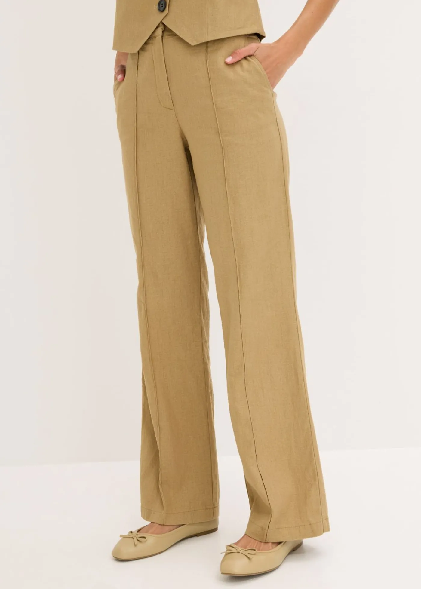 bonprix bonprix Pantalón de lino con talle alto y pinzas Marrón caqui Clearance