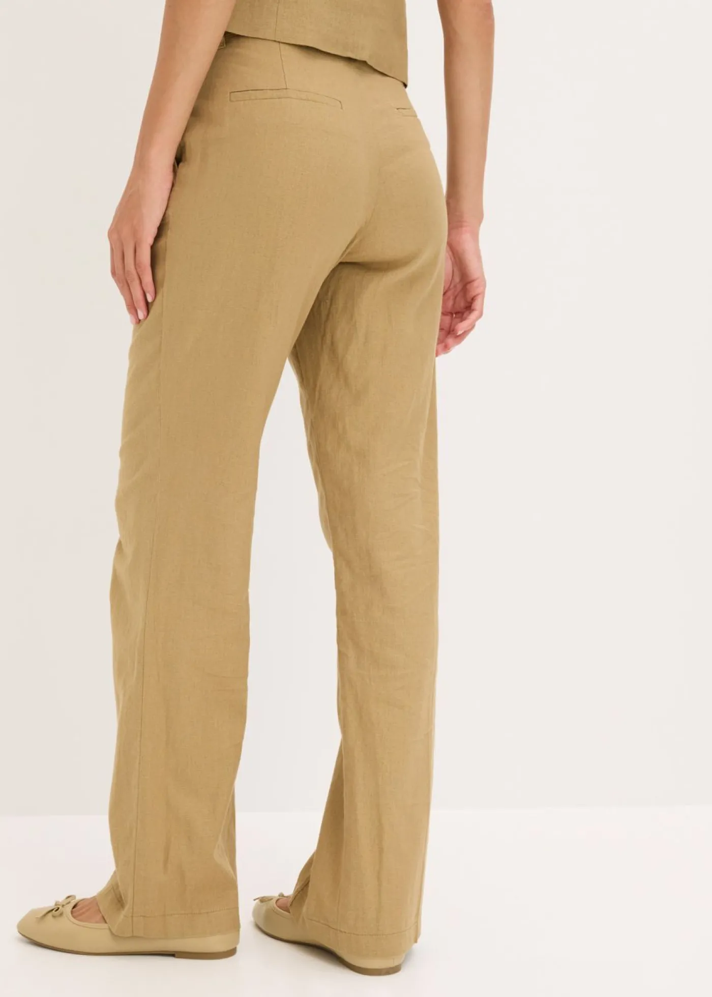 bonprix bonprix Pantalón de lino con talle alto y pinzas Marrón caqui Clearance