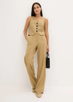 bonprix bonprix Pantalón de lino con talle alto y pinzas Marrón caqui Clearance
