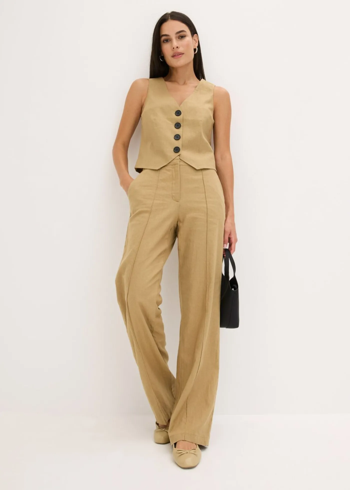 bonprix bonprix Pantalón de lino con talle alto y pinzas Marrón caqui Clearance
