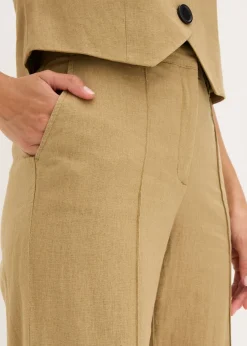 bonprix bonprix Pantalón de lino con talle alto y pinzas Marrón caqui Clearance