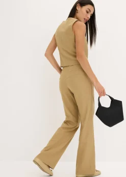 bonprix bonprix Pantalón de lino con talle alto y pinzas Marrón caqui Clearance