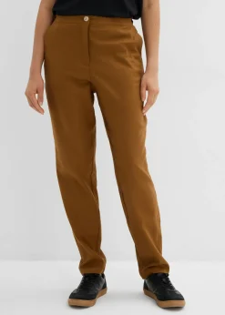 bonprix bonprix Pantalón de mezcla de lino y viscosa con talle alto y pernera corta Marrón coñac New