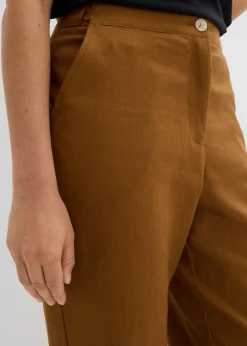 bonprix bonprix Pantalón de mezcla de lino y viscosa con talle alto y pernera corta Marrón coñac New