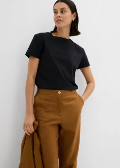 bonprix bonprix Pantalón de mezcla de lino y viscosa con talle alto y pernera corta Marrón coñac New
