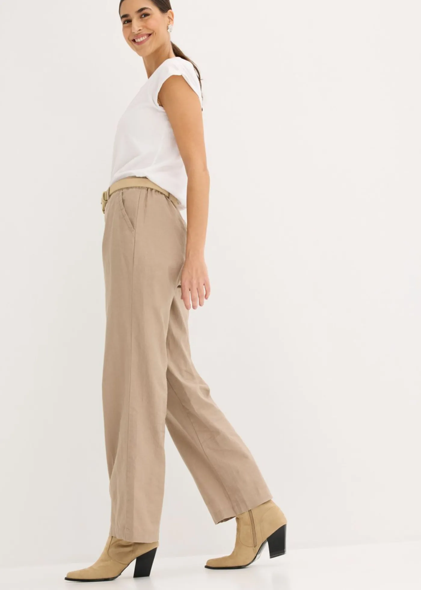 bonprix bonprix Pantalón de mezcla de lino y algodón Marrón grisáceo Clearance