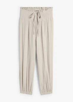 bonprix bonprix Pantalón de muselina con cintura de nido de abeja gris piedra Online