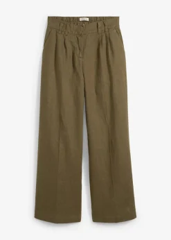 bonprix bonprix Pantalón de pinzas de lino puro Verde oliva oscuro Sale