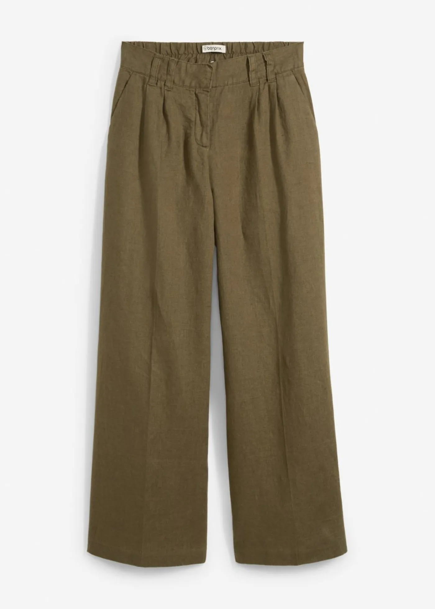 bonprix bonprix Pantalón de pinzas de lino puro Verde oliva oscuro Sale