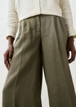 bonprix bonprix Pantalón de pinzas de lino puro Verde oliva oscuro Sale