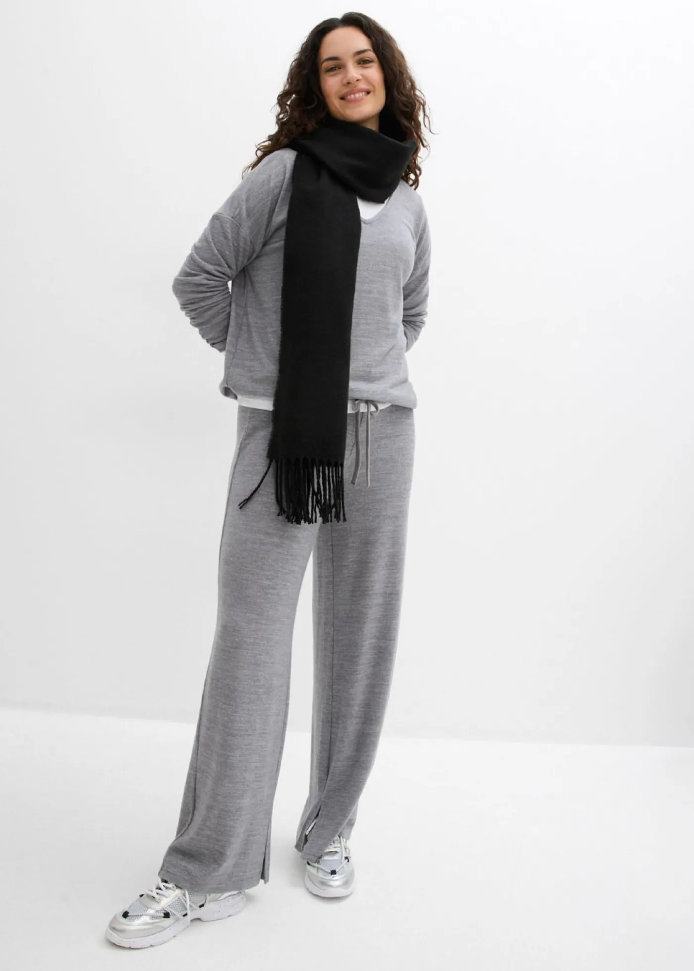 bonprix bonprix Pantalón de punto con aspecto de punto gris jaspeado moteado Sale