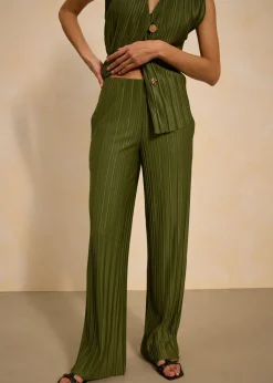 bonprix bonprix Pantalón de punto con plisado caqui oscuro Outlet