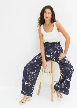 bonprix bonprix Pantalón de punto de crepé ligero azul marino con flores Outlet