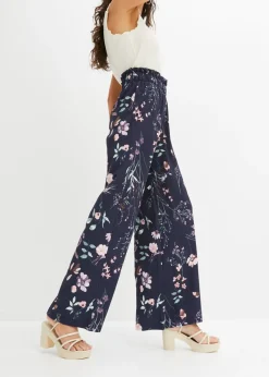 bonprix bonprix Pantalón de punto de crepé ligero azul marino con flores Outlet