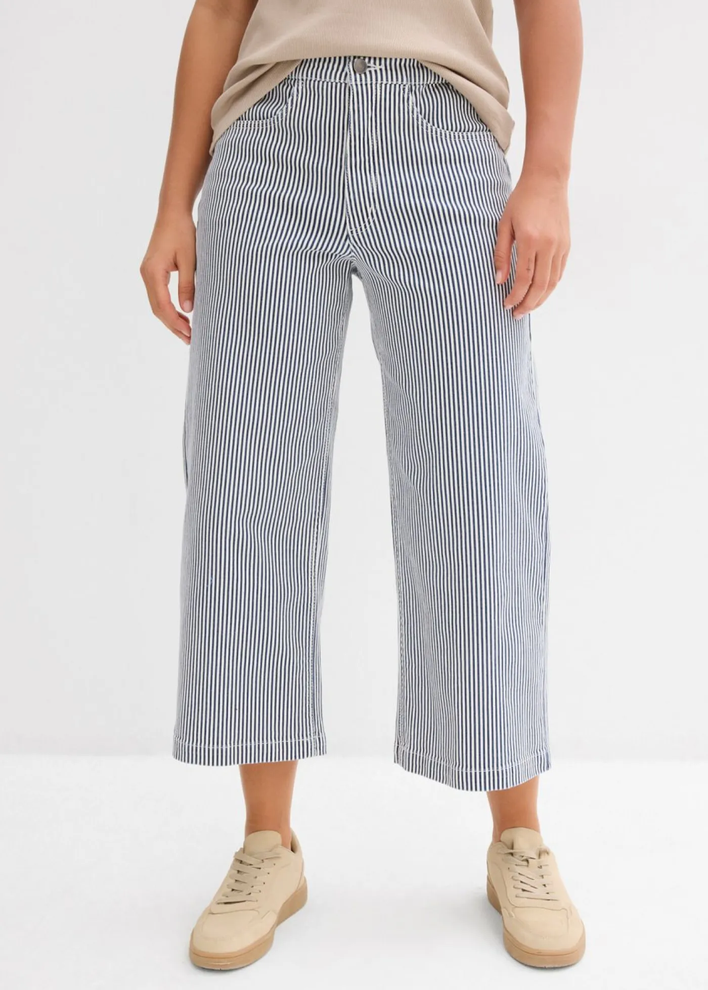bonprix bonprix Pantalón de sarga con cintura cómoda Azul marino-blanco lana de rayas New