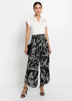 bonprix bonprix Pantalón de viscosa estructurada Negro-blanco de flores Hot
