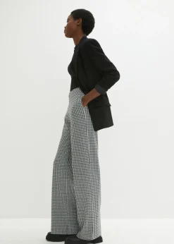 bonprix bonprix Pantalón elástico con pata de gallo, pernera ancha Negro-blanco de cuadros New