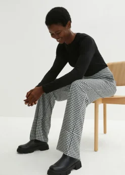 bonprix bonprix Pantalón elástico con pata de gallo, pernera ancha Negro-blanco de cuadros New