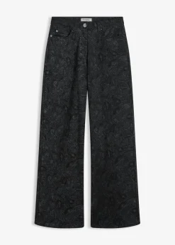 bonprix bonprix Pantalón elástico de algodón con pernera ancha Negro + gris ahumado