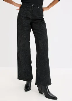 bonprix bonprix Pantalón elástico de algodón con pernera ancha Negro + gris ahumado