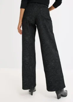 bonprix bonprix Pantalón elástico de algodón con pernera ancha Negro + gris ahumado