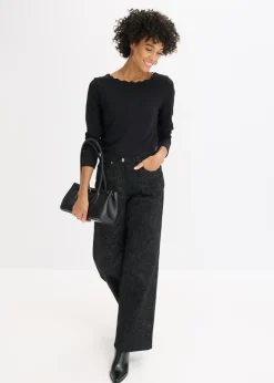 bonprix bonprix Pantalón elástico de algodón con pernera ancha Negro + gris ahumado