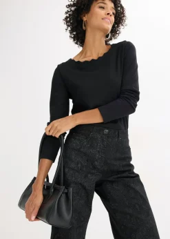 bonprix bonprix Pantalón elástico de algodón con pernera ancha Negro + gris ahumado