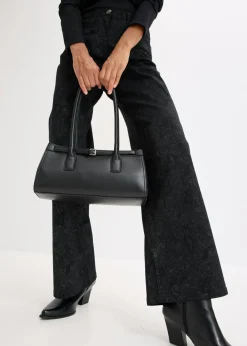bonprix bonprix Pantalón elástico de algodón con pernera ancha Negro + gris ahumado
