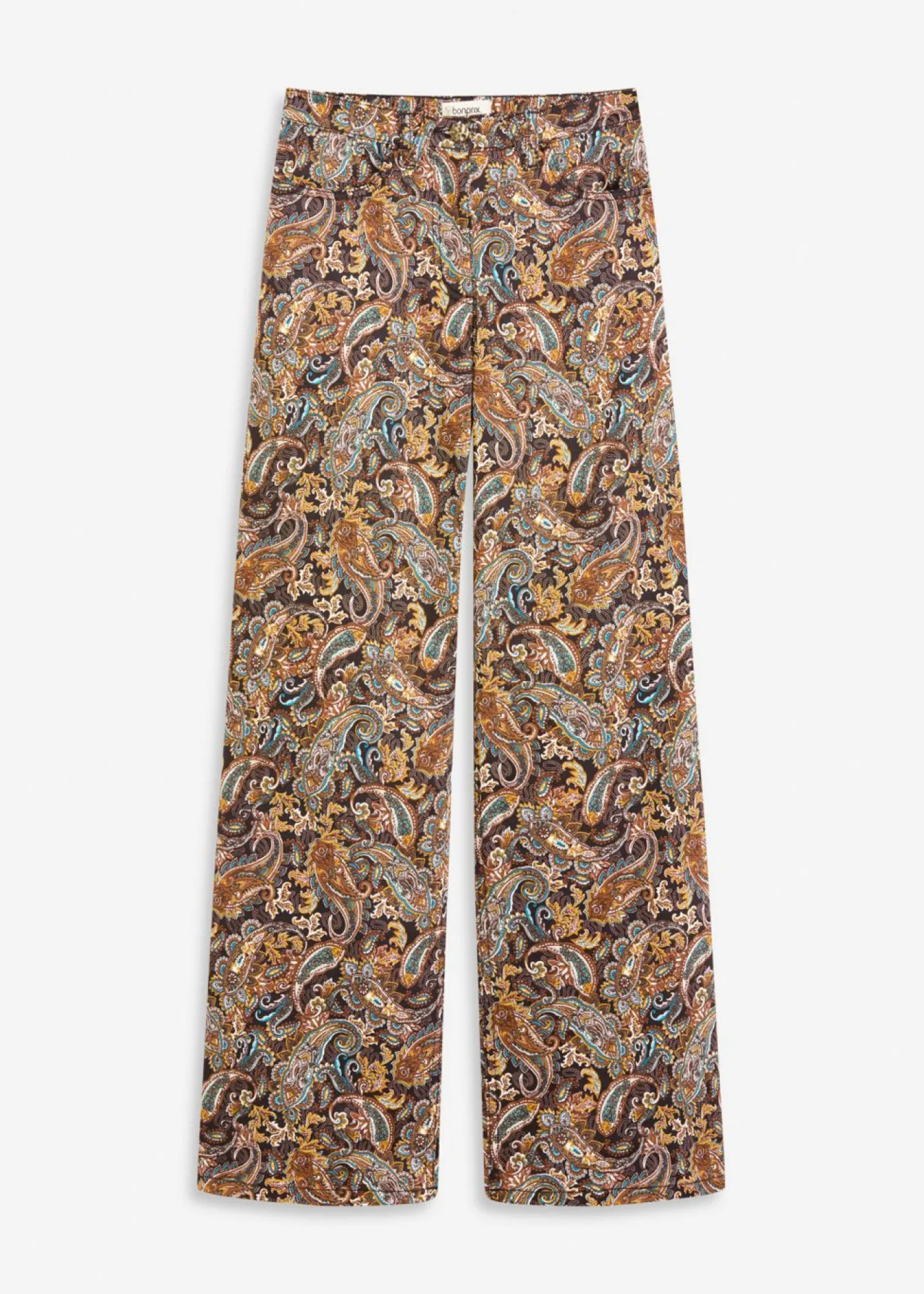 bonprix bonprix Pantalón elástico de algodón con perneras anchas Negro-beige Outlet
