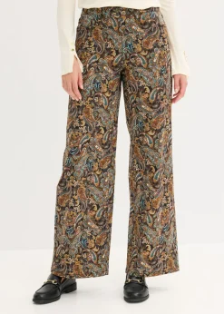 bonprix bonprix Pantalón elástico de algodón con perneras anchas Negro-beige Outlet