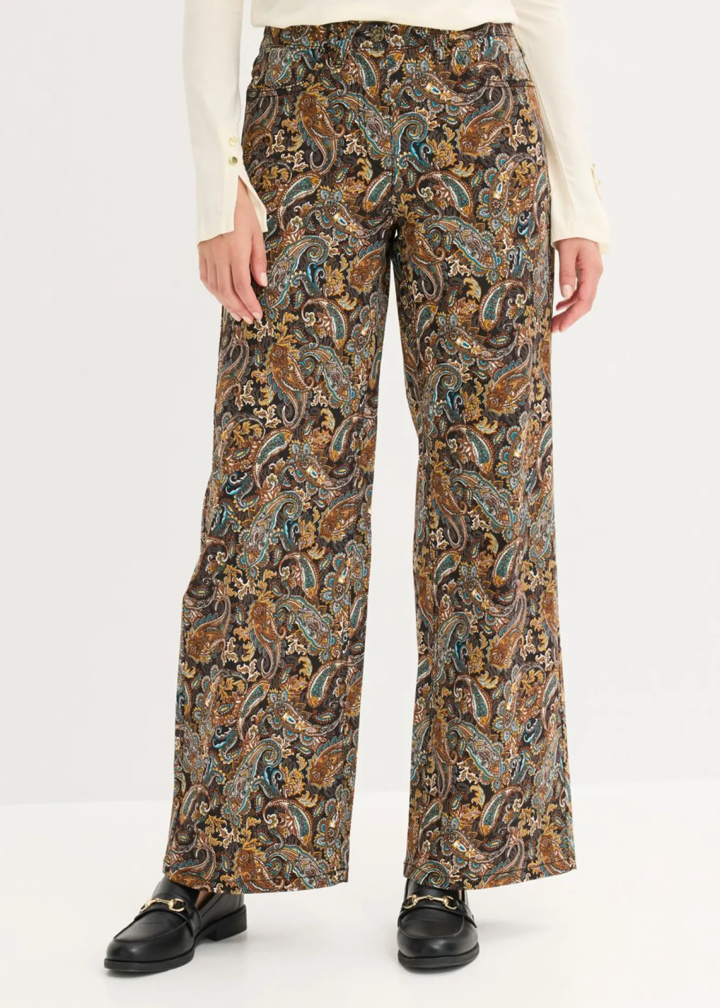bonprix bonprix Pantalón elástico de algodón con perneras anchas Negro-beige Outlet