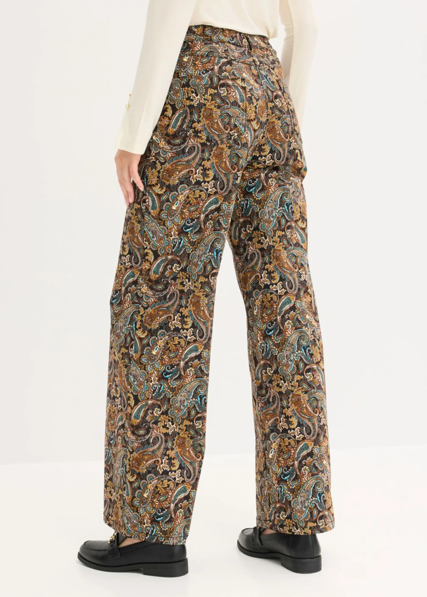 bonprix bonprix Pantalón elástico de algodón con perneras anchas Negro-beige Outlet