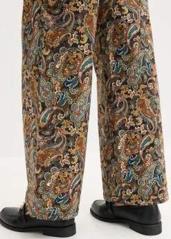 bonprix bonprix Pantalón elástico de algodón con perneras anchas Negro-beige Outlet