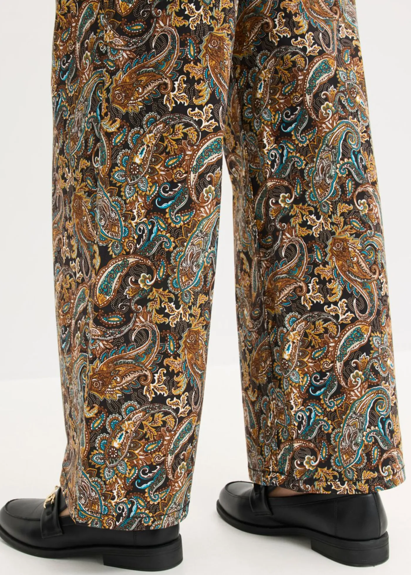bonprix bonprix Pantalón elástico de algodón con perneras anchas Negro-beige Outlet