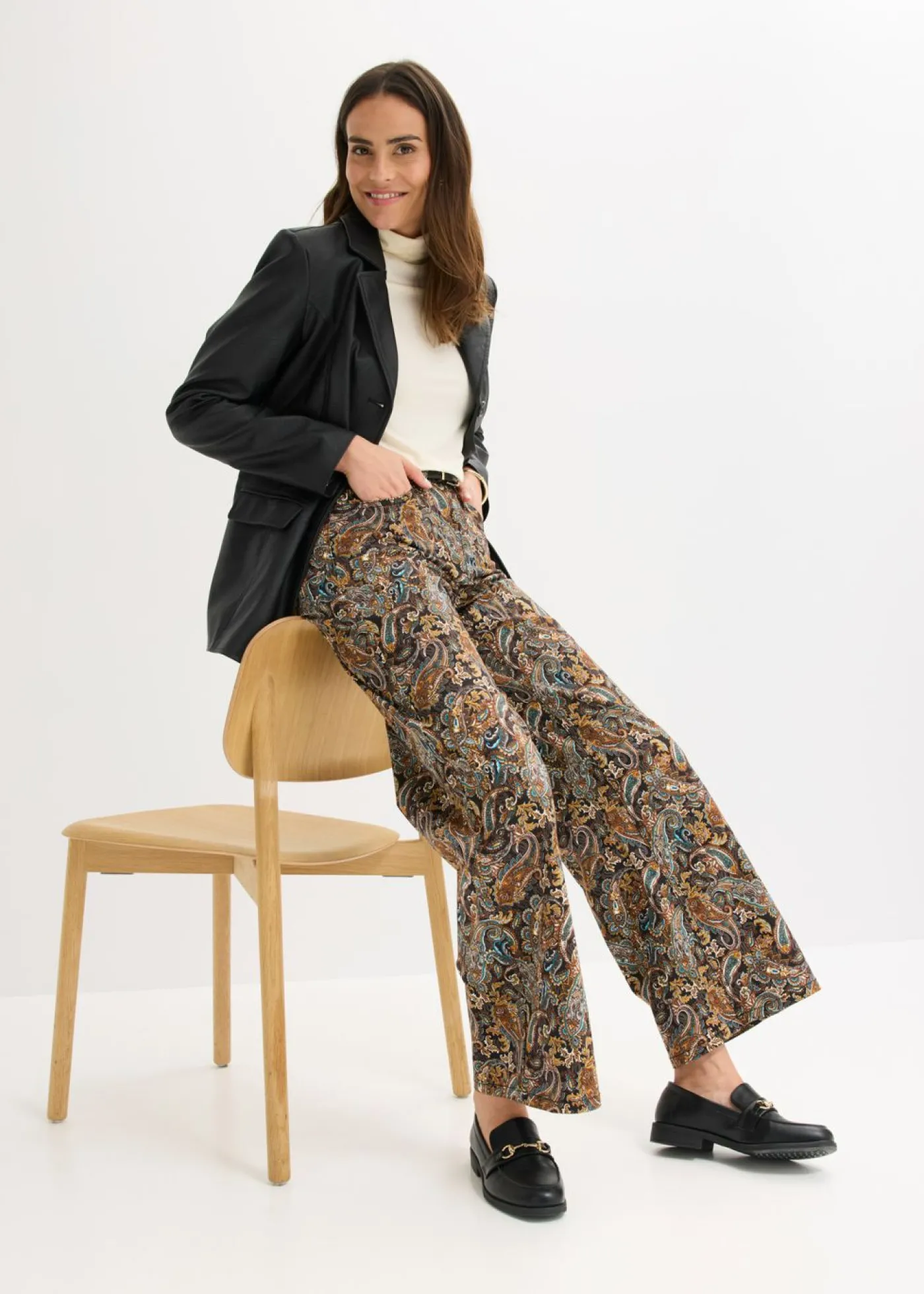 bonprix bonprix Pantalón elástico de algodón con perneras anchas Negro-beige Outlet