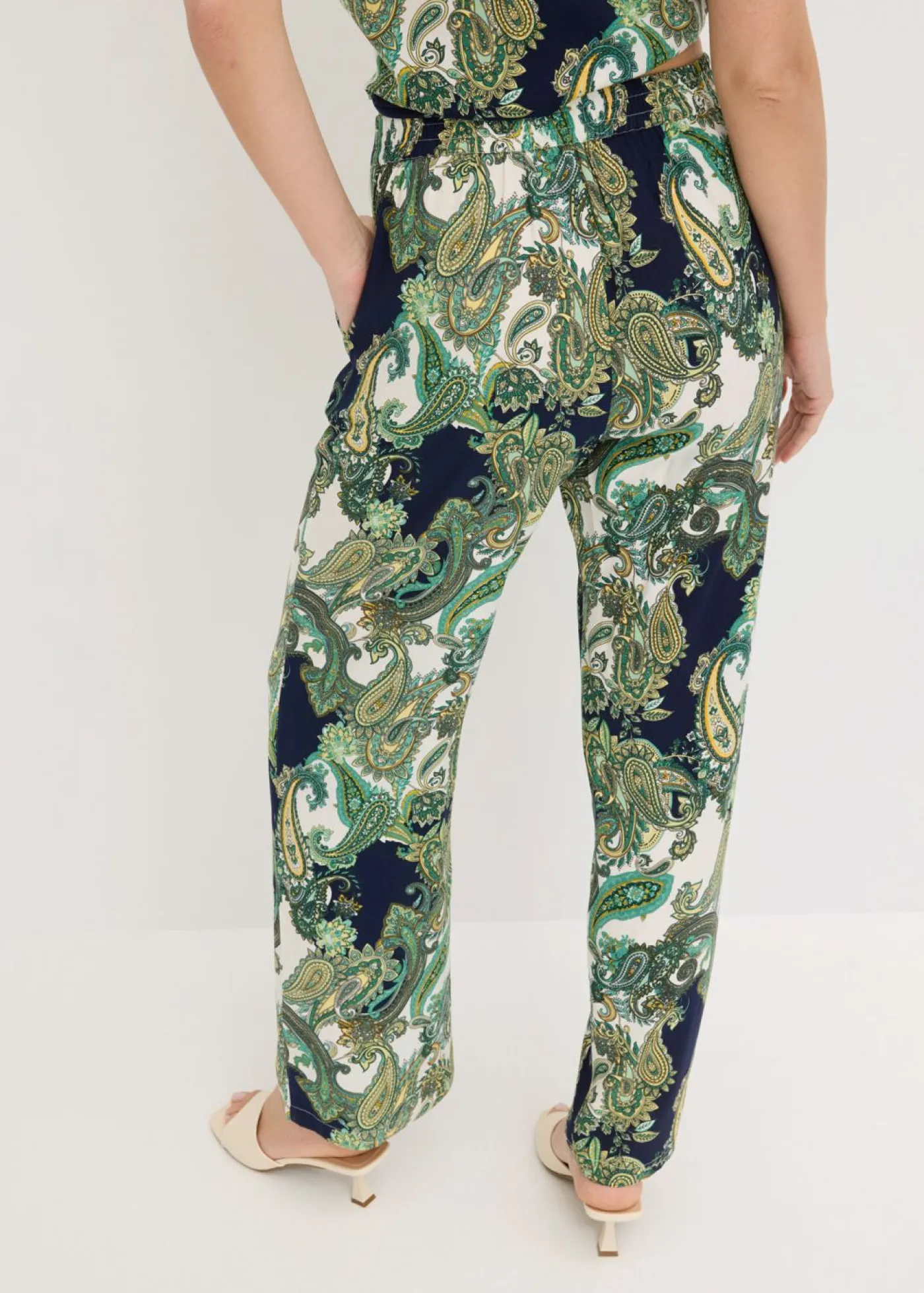 bonprix bonprix Pantalón estampado de viscosa fluida azul marino-blanco-verde claro Sale