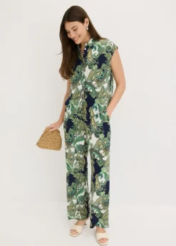 bonprix bonprix Pantalón estampado de viscosa fluida azul marino-blanco-verde claro Sale