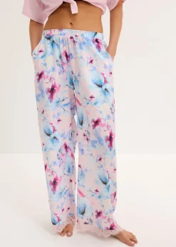 bonprix bonprix Pantalón largo de pijama de satén brillante rosa claro con flores New