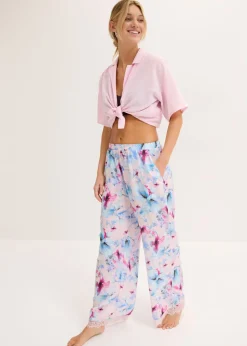 bonprix bonprix Pantalón largo de pijama de satén brillante rosa claro con flores New