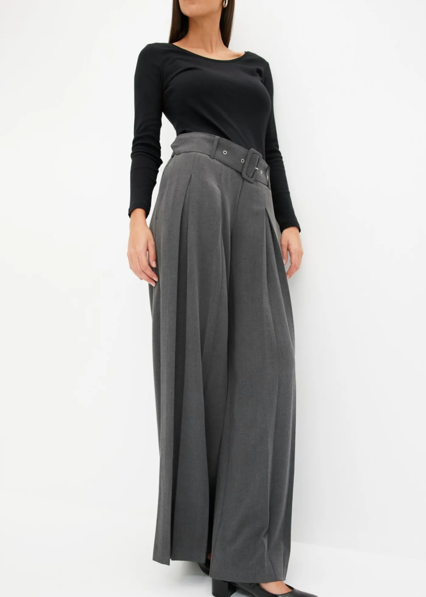 bonprix bonprix Pantalón Marlene ancho con mezcla de viscosa fluida Antracita jaspeado