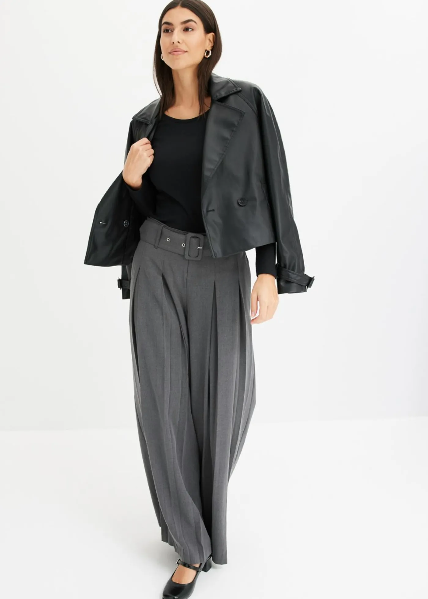 bonprix bonprix Pantalón Marlene ancho con mezcla de viscosa fluida Antracita jaspeado Outlet