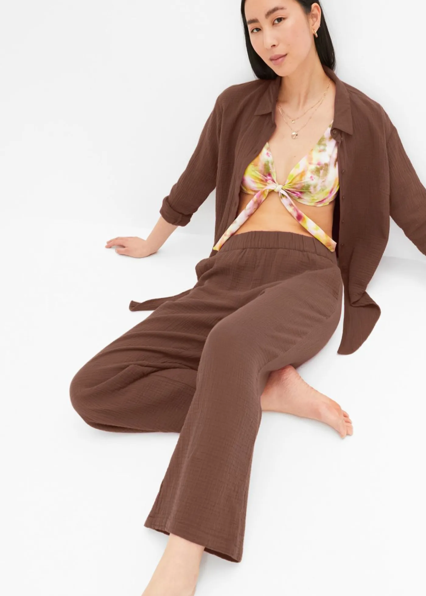 bonprix bonprix Pantalón Marlene de muselina de algodón marrón