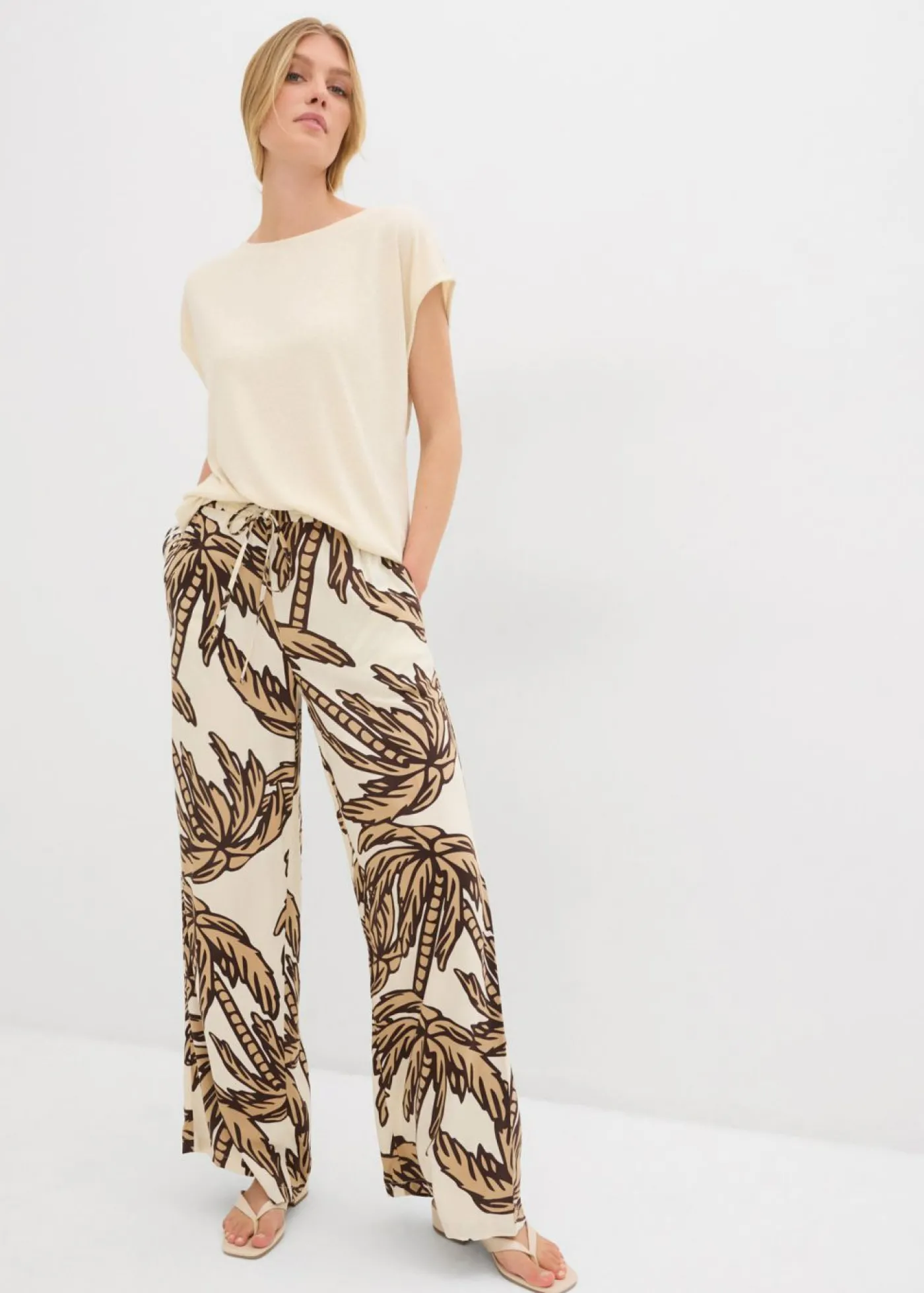 bonprix bonprix Pantalón Marlene de viscosa fluida crudo-marrón oscuro-beige nuevo New