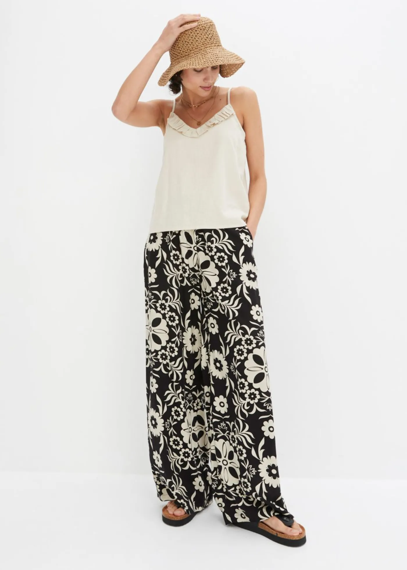 bonprix bonprix Pantalón Marlene de viscosa fluida Negro-gris guijarro Hot